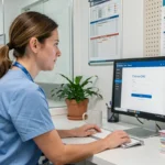 Agente hospitalière connectée au portail Chronos CHU sur un ordinateur de bureau dans un bureau administratif d'hôpital