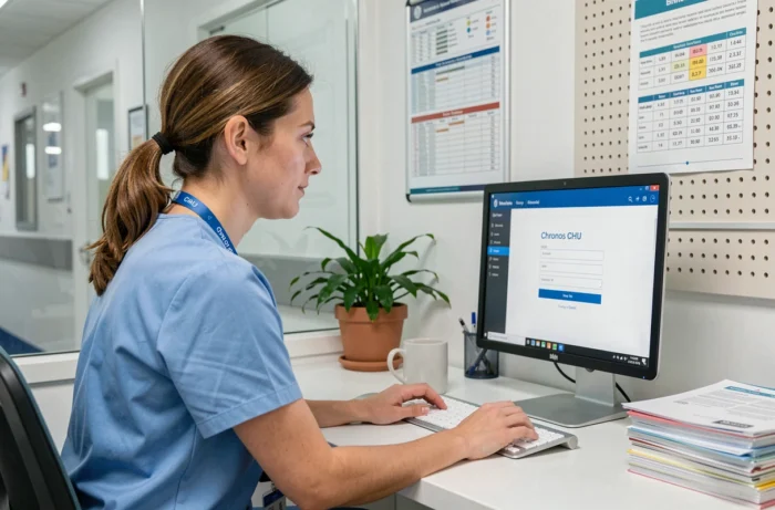 Agente hospitalière connectée au portail Chronos CHU sur un ordinateur de bureau dans un bureau administratif d'hôpital