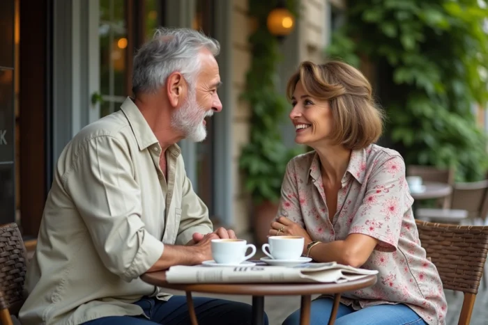 Couple élégant d'âge mûr partageant un café en terrasse dans une ville française