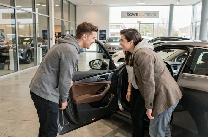 Couple examinant l'habitacle d'une voiture neuve dans une concession automobile moderne