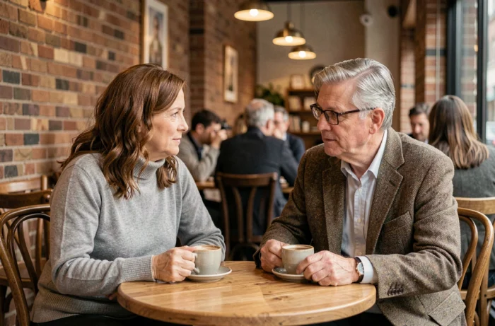 Couple de personnes âgées en conversation dans un café londonien, illustrant la vie personnelle et les relations d'Elaine Mason