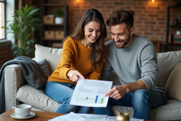 Un jeune couple examine des documents de prêt immobilier ensemble dans leur salon
