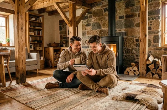 Couple consultant leurs factures de chauffage près d'un poêle à bois dans un salon rustique pour optimiser leur consommation énergétique