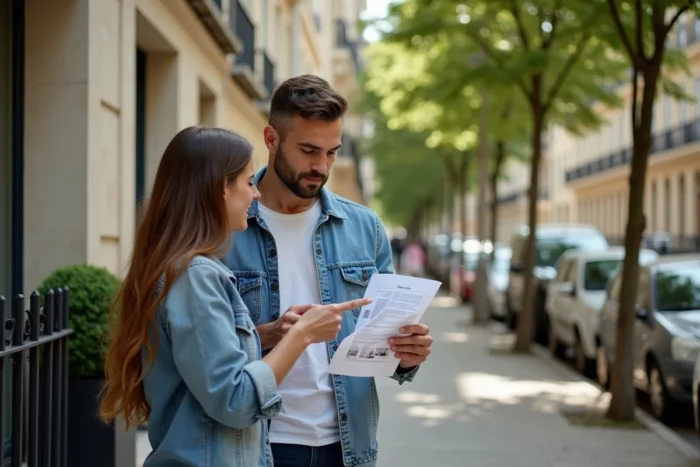 Couple visitant un immeuble résidentiel en ville pour évaluer une location appartement dans le cadre de leur recherche immobilière