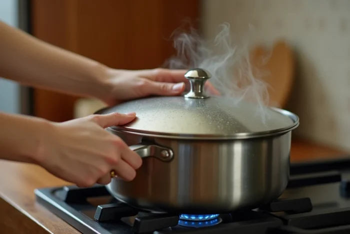 Femme maintenant le couvercle fermé sur une casserole pendant la cuisson du riz sans le soulever