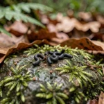 Gros plan macro de crottes de salamandre sur une pierre mousseuse en forêt, montrant leur forme tubulaire caractéristique et les fragments d'exosquelettes d'insectes