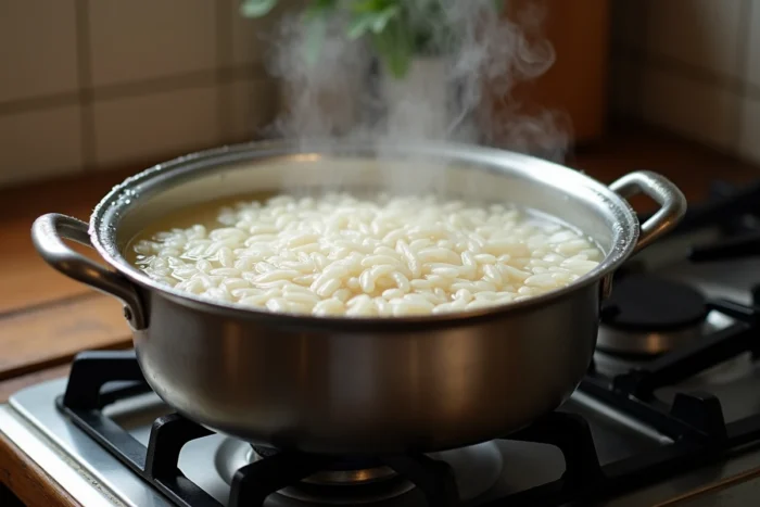 Grande casserole d'eau bouillante avec du riz cuisant dans un grand volume d'eau pour réduire l'arsenic