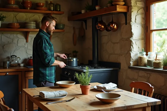 Homme cuisinant dans une cuisine de ferme rustique chaleureuse avec table en bois, céramiques artisanales et murs en pierre apparente
