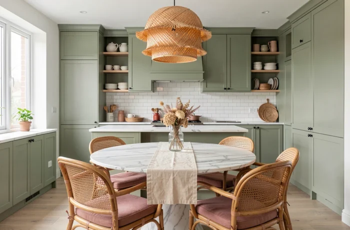 Salle à manger ouverte avec table en marbre, chaises en rotin et cuisine aux façades vert sauge dans un style contemporain épuré