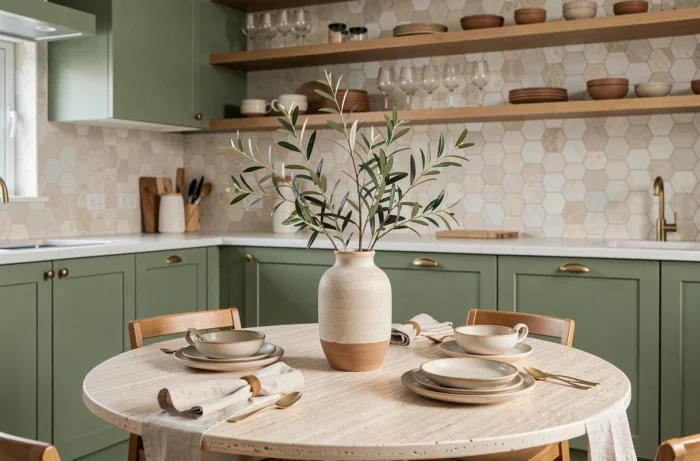 Table en travertin et cuisine aux façades vert sauge avec carrelage zellige pour une inspiration déco intérieure moderne