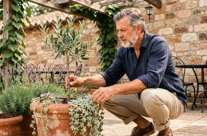 Homme arrangeant des plantes méditerranéennes dans des pots en terre cuite sur une terrasse en pierre de style provençal