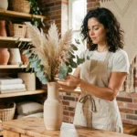 Femme arrangeant des herbes de la pampa dans un vase en céramique sur une console en bois dans un intérieur bohème chaleureux