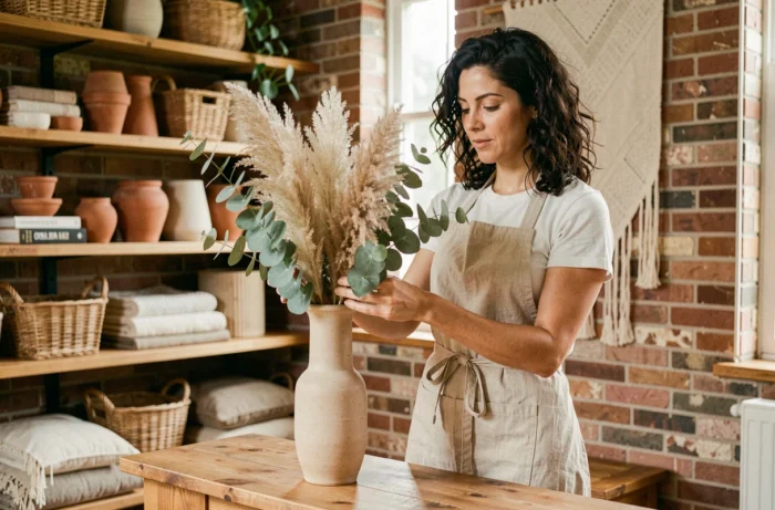 Femme arrangeant des herbes de la pampa dans un vase en céramique sur une console en bois dans un intérieur bohème chaleureux