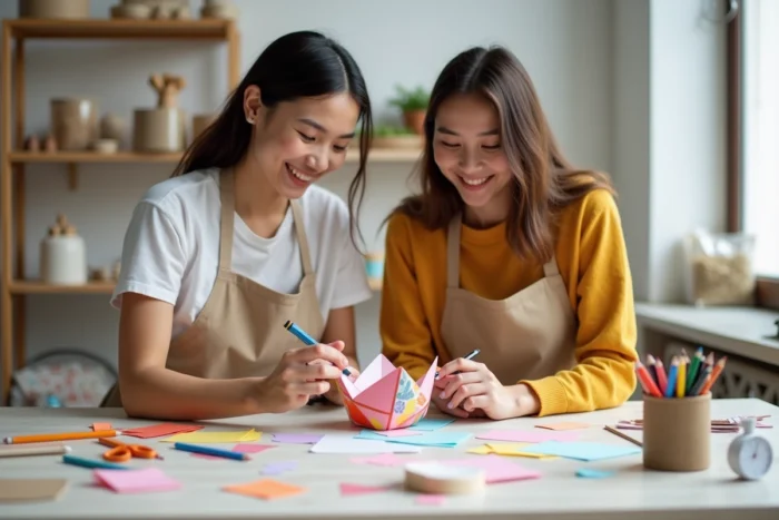 Deux femmes dans un atelier DIY créant des défis créatifs en temps limité inscrits à l'intérieur d'une cocotte en papier colorée