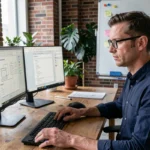Designer web masculin analysant des wireframes et des budgets de refonte de site web sur deux écrans dans un bureau moderne