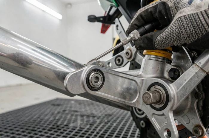 Détail en gros plan du système de suspension arrière d'une Suzuki GSX 600 R lors d'un réglage précis