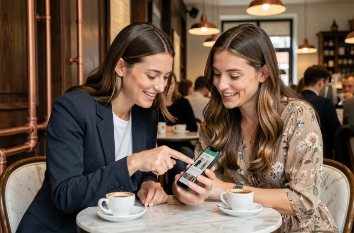 Deux femmes découvrant ensemble la liste des pages incontournables d'un blog mode autour d'un café dans un bistrot parisien