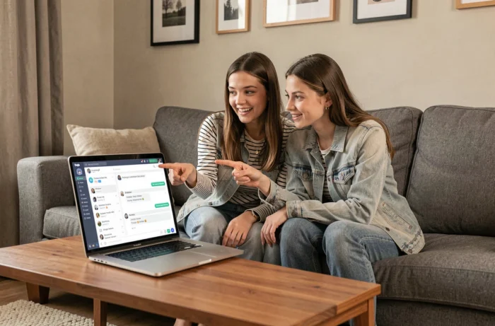 Deux jeunes femmes regardant ensemble une interface Discord sur un ordinateur portable dans un salon, explorant les significations des termes et abréviations utilisés en ligne