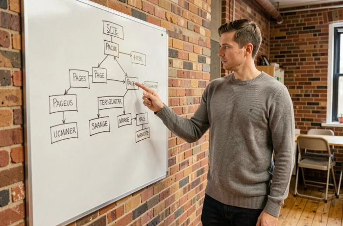 Développeur web expliquant la structure d'un sitemap dessiné sur un tableau blanc dans un studio créatif