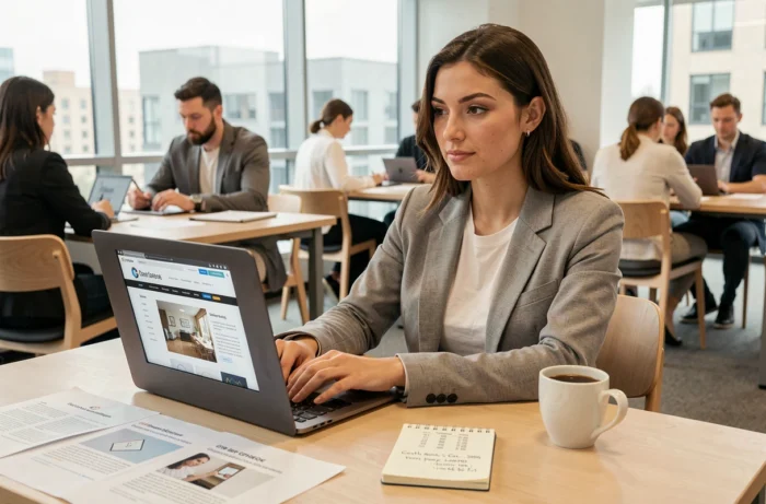 Développeuse freelance évaluant les tarifs d'une refonte de site web dans un espace de coworking moderne