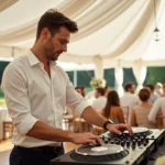 DJ professionnel concentré derrière sa console lors d'une réception de mariage élégante en plein air sous un chapiteau blanc