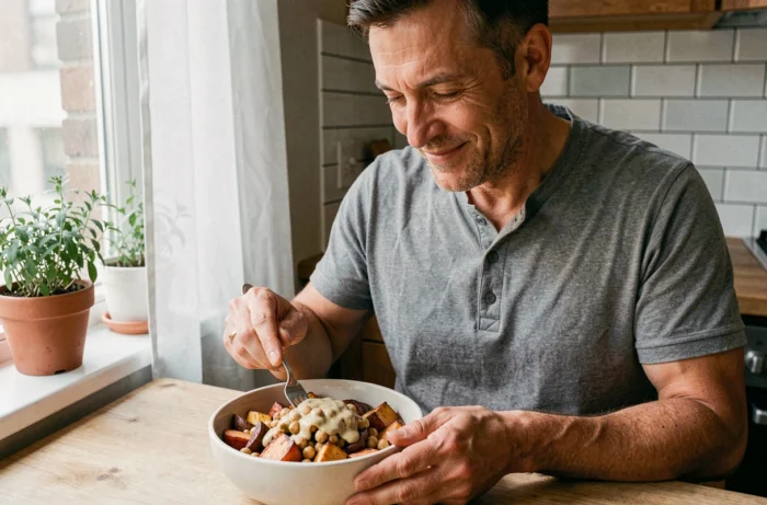 Homme dressant un bol de céréales bio aux légumes rôtis dans une cuisine urbaine moderne