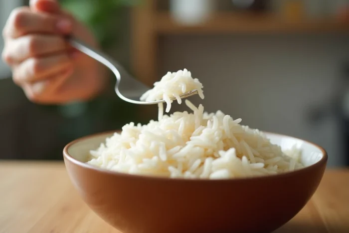 Femme égrenant du riz cuit avec une fourchette pour séparer les grains sans les écraser