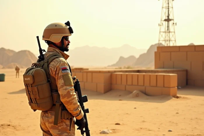 Un soldat de l'armée égyptienne en tenue de camouflage désertique montant la garde à un point de contrôle dans la péninsule du Sinaï