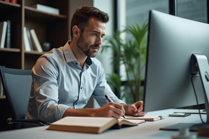 Entrepreneur analysant des projections de croissance sur un écran dans un bureau privé moderne