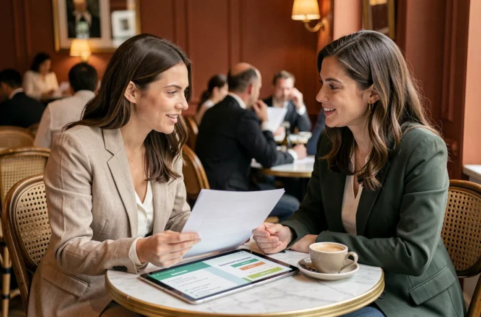 Deux femmes entrepreneures comparant des offres d'abonnement promo Madam Business autour d'un café dans un bistrot parisien