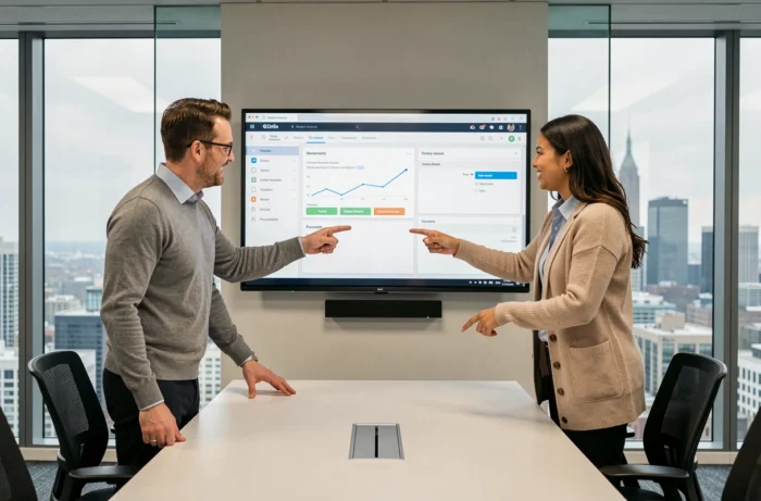 Équipe professionnelle diversifiée collaborant autour d'une plateforme en ligne de gestion de projet pour développer leur carrière