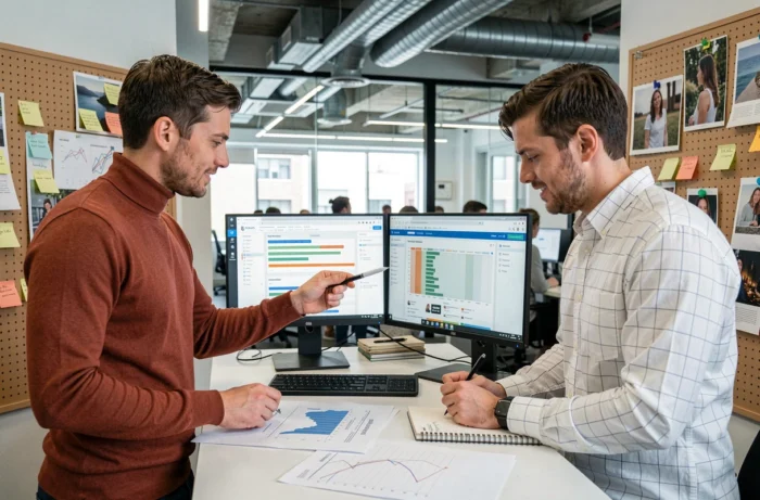 Deux collègues collaborant sur les nouvelles tendances éditoriales et l'actualité d'un blog digital en agence web