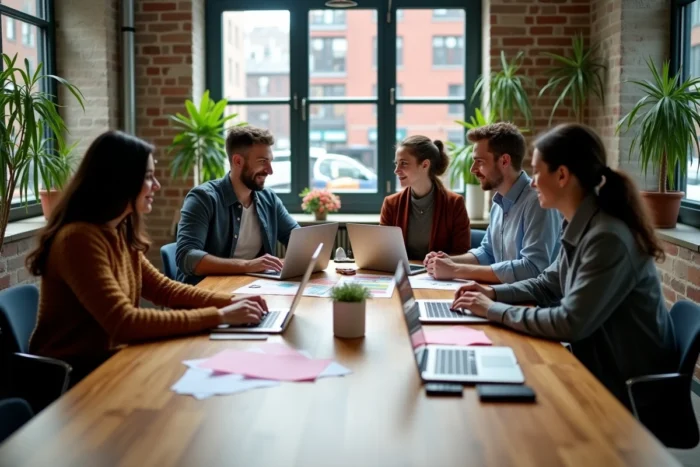 Équipe d'entrepreneurs collaborant autour d'une table de réunion sur une stratégie de croissance d'entreprise