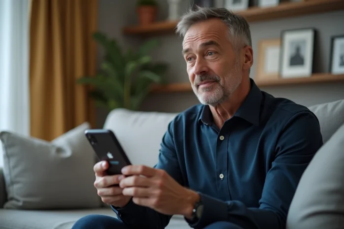 Homme consultant son smartphone avec un message d'erreur de connexion à un espace client immobilier