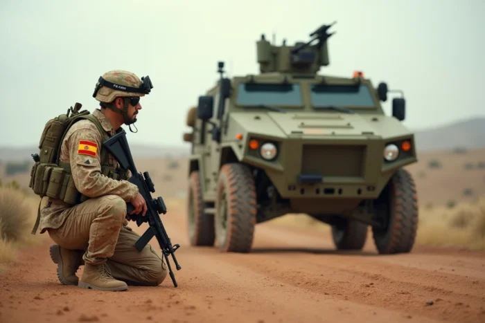 Un soldat de l'armée espagnole en camouflage numérique lors d'un exercice OTAN à la base militaire de Chinchilla, aux côtés d'un véhicule blindé Pizarro