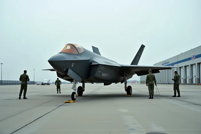 Un chasseur furtif F-35 de l'US Air Force sur le tarmac d'une base aérienne américaine, entouré de techniciens au sol