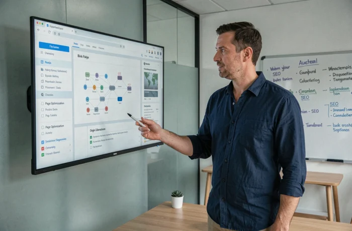 Expert SEO présentant une carte d'architecture de site web et une stratégie de netlinking dans une salle de réunion d'agence digitale