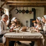 Famille Amish réunie autour d'une grande table en bois dans une cuisine rustique, illustrant la vie communautaire et familiale Amish