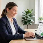 Femme professionnelle souriant devant son ordinateur portable en souscrivant à un abonnement promo sur une plateforme business