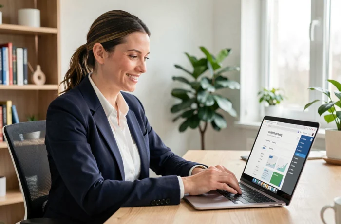 Femme professionnelle souriant devant son ordinateur portable en souscrivant à un abonnement promo sur une plateforme business