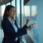 Femme d'affaires présentant des solutions innovantes devant un tableau de bord analytique dans un bureau moderne