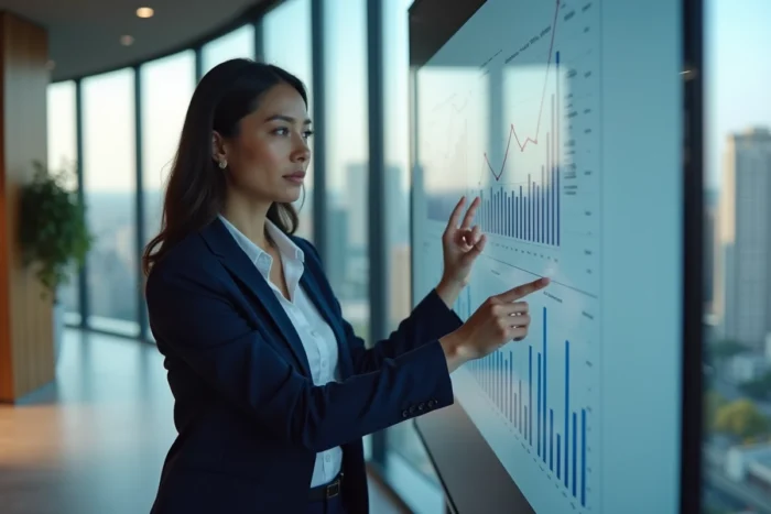 Femme d'affaires présentant des solutions innovantes devant un tableau de bord analytique dans un bureau moderne