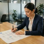 Femme professionnelle annotant un plan de sitemap web imprimé sur un bureau en bois dans un bureau moderne