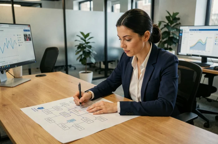 Femme professionnelle annotant un plan de sitemap web imprimé sur un bureau en bois dans un bureau moderne