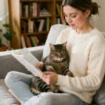 Femme comparant des offres d'assurance santé pour son chat tabby sur un canapé gris
