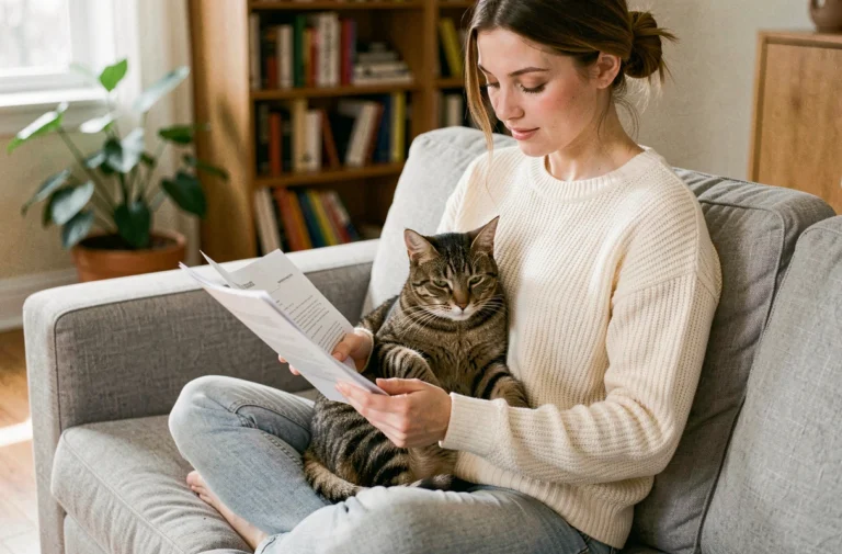 Femme comparant des offres d'assurance santé pour son chat tabby sur un canapé gris