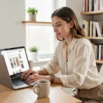 Jeune femme consultant les pages incontournables d'un blog mode sur son ordinateur portable dans un bureau scandinave épuré