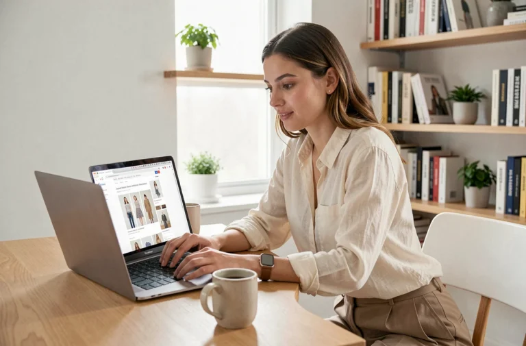 Jeune femme consultant les pages incontournables d'un blog mode sur son ordinateur portable dans un bureau scandinave épuré