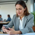 Femme en bureau consultant un numéro de téléphone français +33 806 sur son smartphone