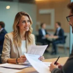 Une femme en blazer beige discute d'un dossier de crédit avec un conseiller bancaire dans une agence moderne
